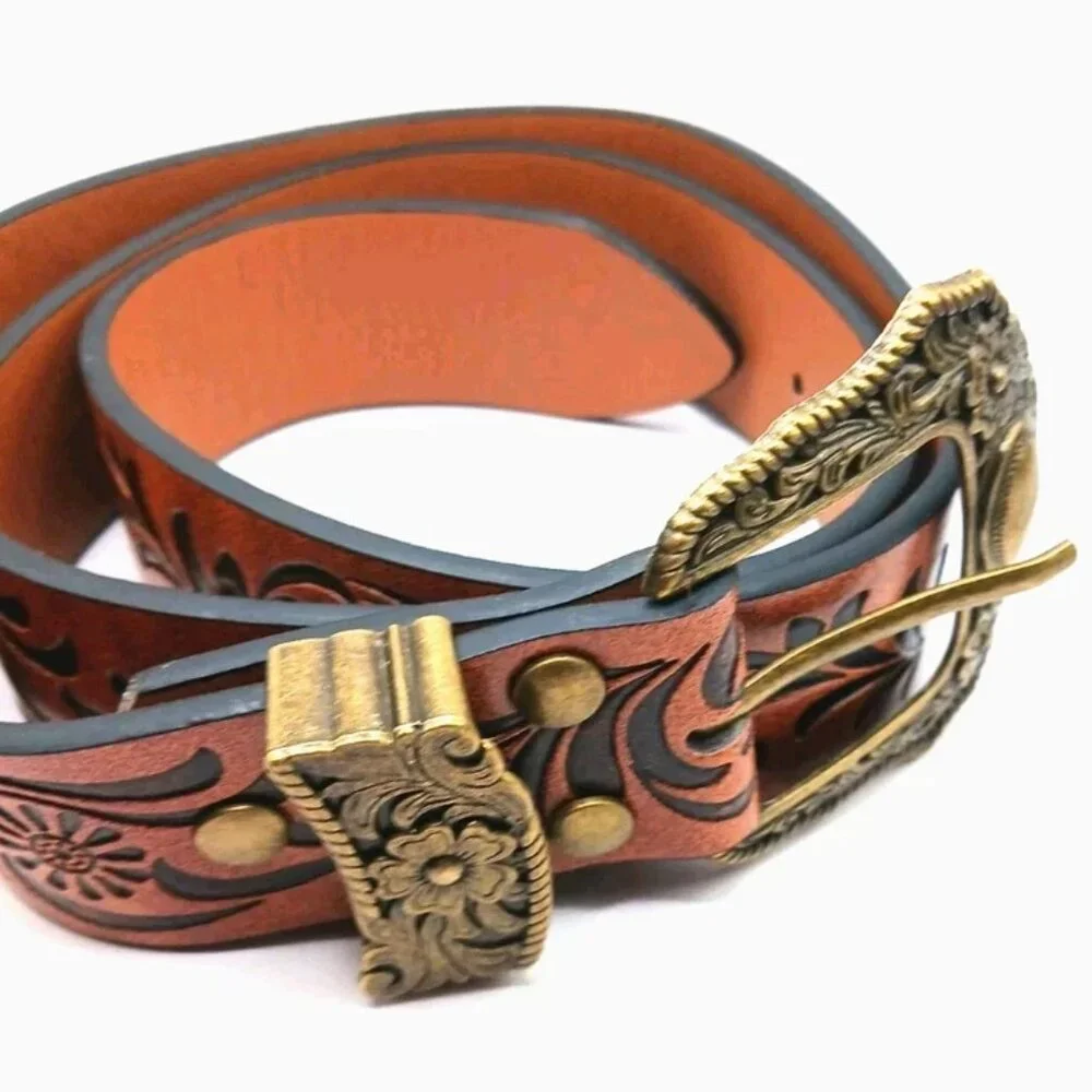 Western Womens Brown Leather Floral Belt Waist New